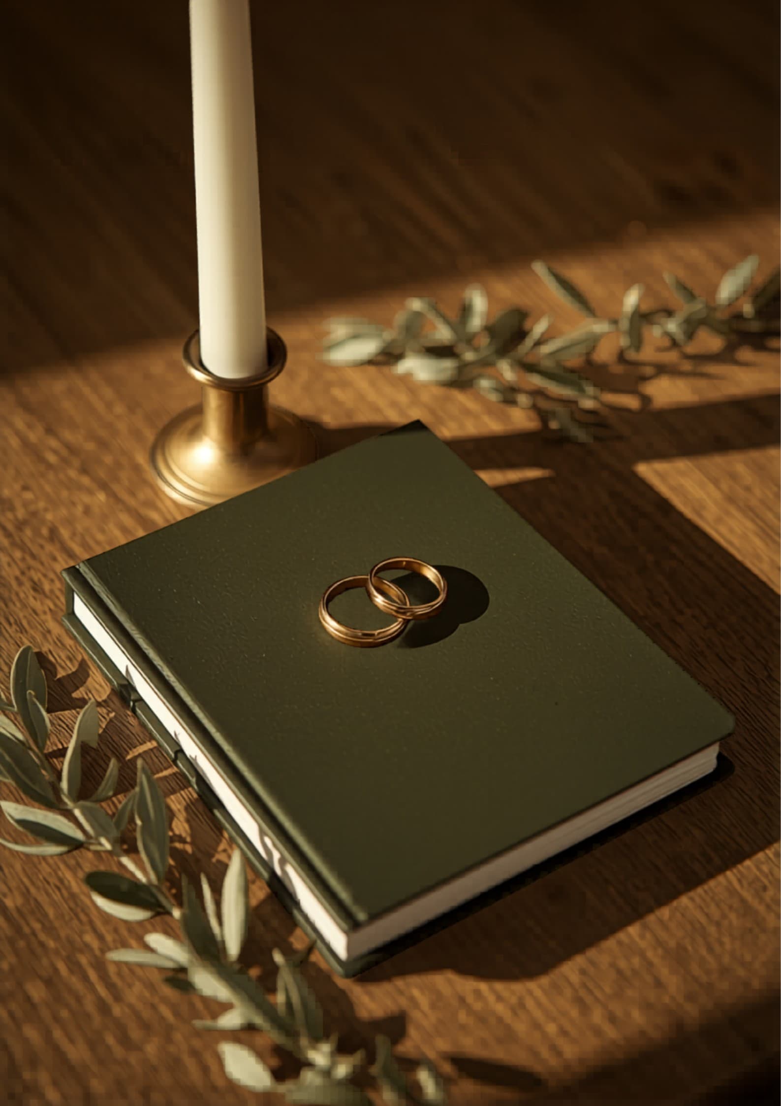 Anillos de boda dorados sobre libreta de matrimonio civil junto a vela bautismal blanca, vista cenital editorial sobre madera natural. Sin gente.