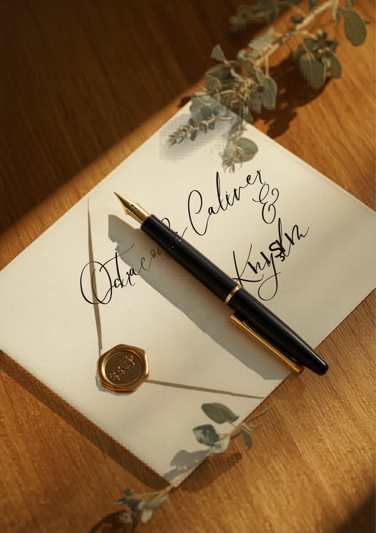 Lapicera estilográfica sobre una tarjeta de invitación color crema con caligrafía a mano, apoyada en madera natural, luz cálida lateral. Sin gente.